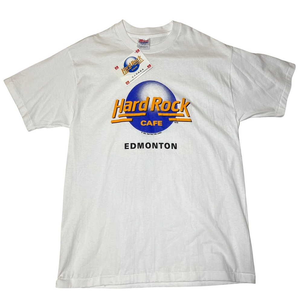 Vintage 1989 Hard Rock Cafe Edmonton T-Shirt Hanes Heavyweight White Large NWT